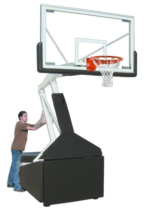 Tempest Triumph portable basketball goal with 72-inch tempered glass backboard and 66-inch extension