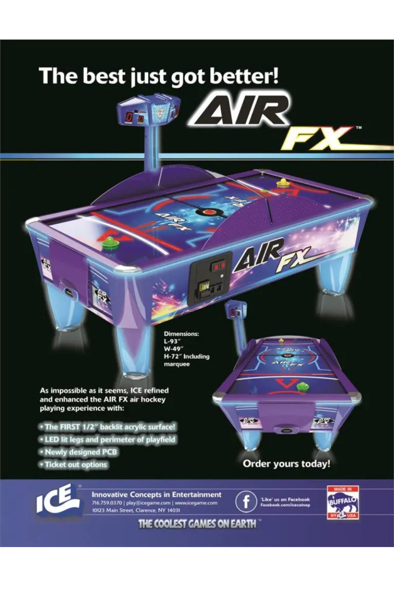 Air FX full-size 8-foot air hockey table with LED-lit playfield and ½-inch thick commercial-grade surface.