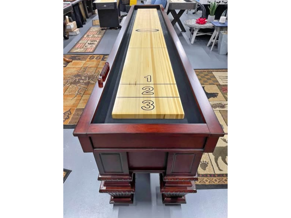 The Prestige shuffleboard table by Berner Billiards in mahogany finish, available in 9ft and 12ft