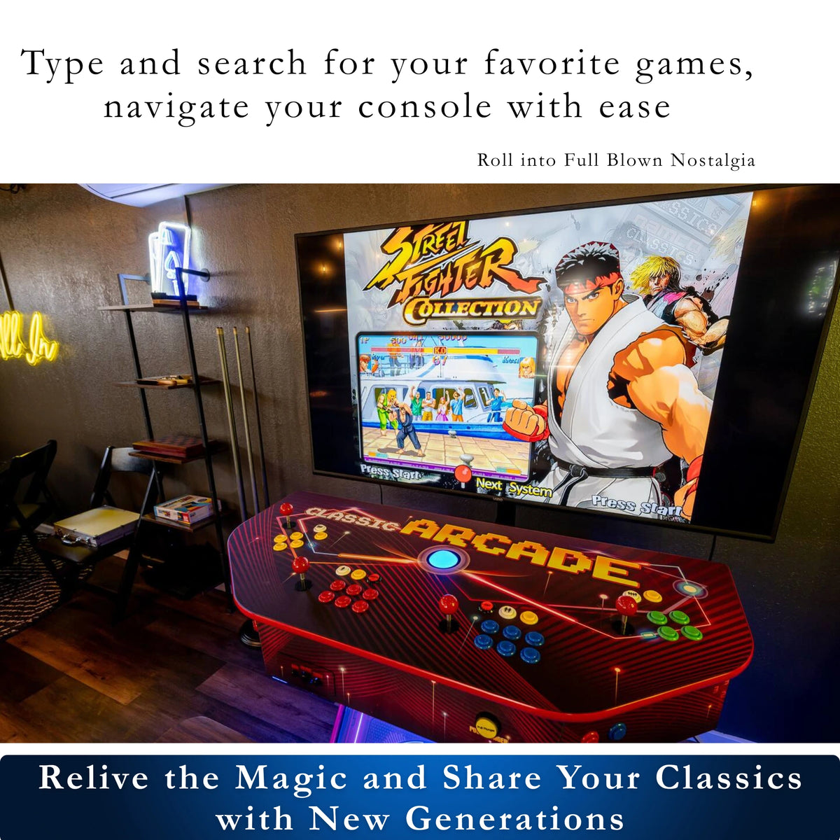 Red arcade console with screen displaying 'Street Fighter Collection' game in a room setting.