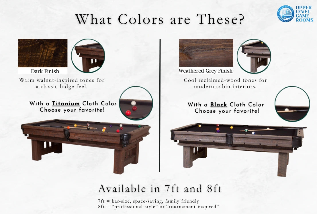 Advertisement for pool tables with different finishes and cloth colors on a white background.