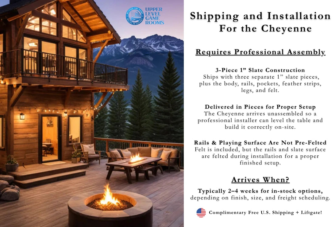 Advertisement for shipping and installation of a fire pit table with mountain view background