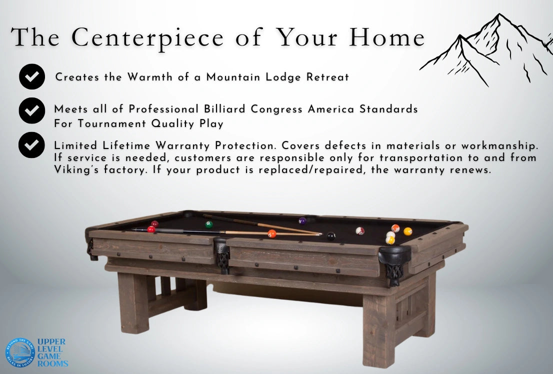 Wooden pool table with features listed on a white background