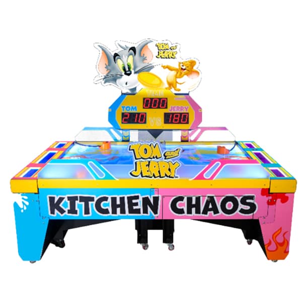 Tom &amp; Jerry Kitchen Chaos Air Hockey Table Game by Namco – Multi-Puck Arcade Action | Fast-Paced Family Fun | Cartoon-Themed LED Cabinet.