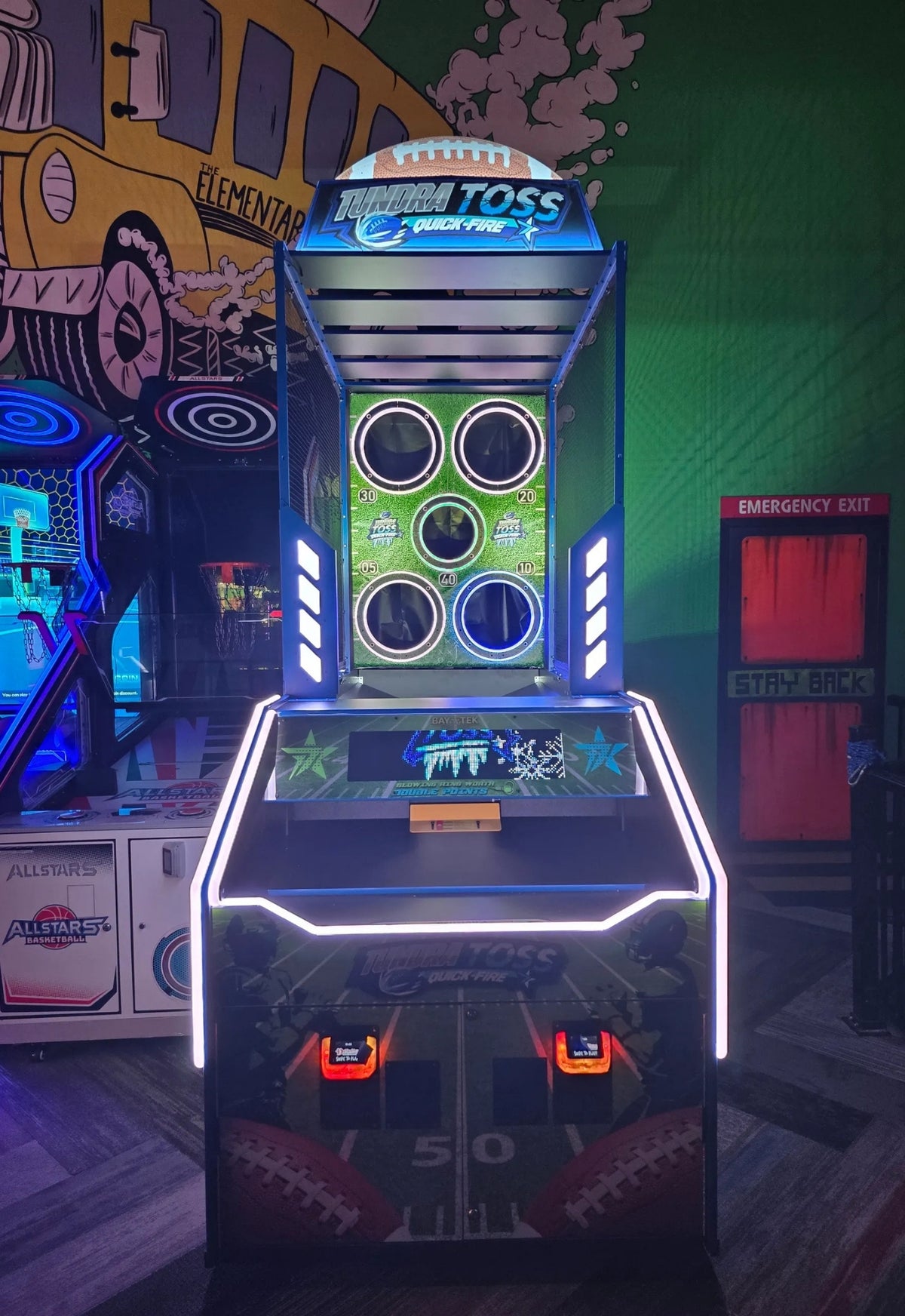 Tundra Toss Quick Fire football toss arcade machine with timed skill gameplay and compact wall cabinet.