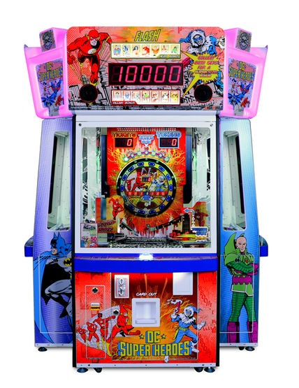 Bandai Namco DC Superheroes 4 Player Pusher Arcade Game – Token &amp; Card Redemption | Collectible Hero &amp; Villain Cards | Bonus Drop Feature | Official DC Comics.