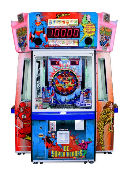 Bandai Namco DC Superheroes 4 Player Pusher Arcade Game – Token &amp; Card Redemption | Collectible Hero &amp; Villain Cards | Bonus Drop Feature | Official DC Comics.