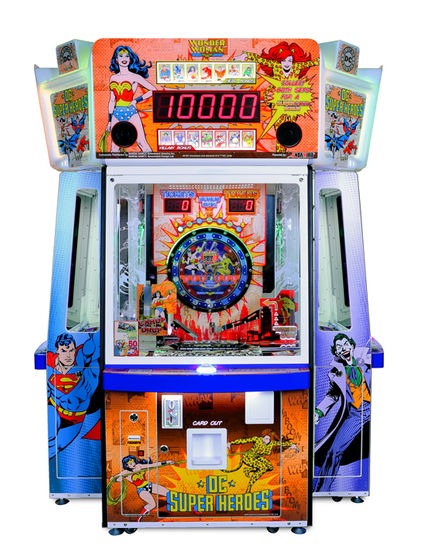 Bandai Namco DC Superheroes 4 Player Pusher Arcade Game – Token &amp; Card Redemption | Collectible Hero &amp; Villain Cards | Bonus Drop Feature | Official DC Comics.