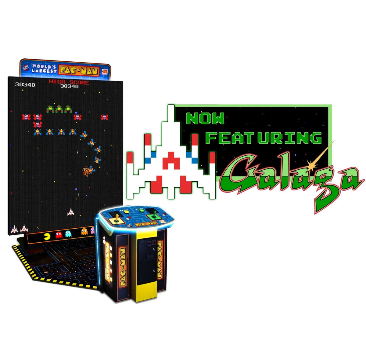 World’s Largest Pac-Man arcade game with massive 108-inch LED display, 1–2 player co-op, and included Galaga mode.