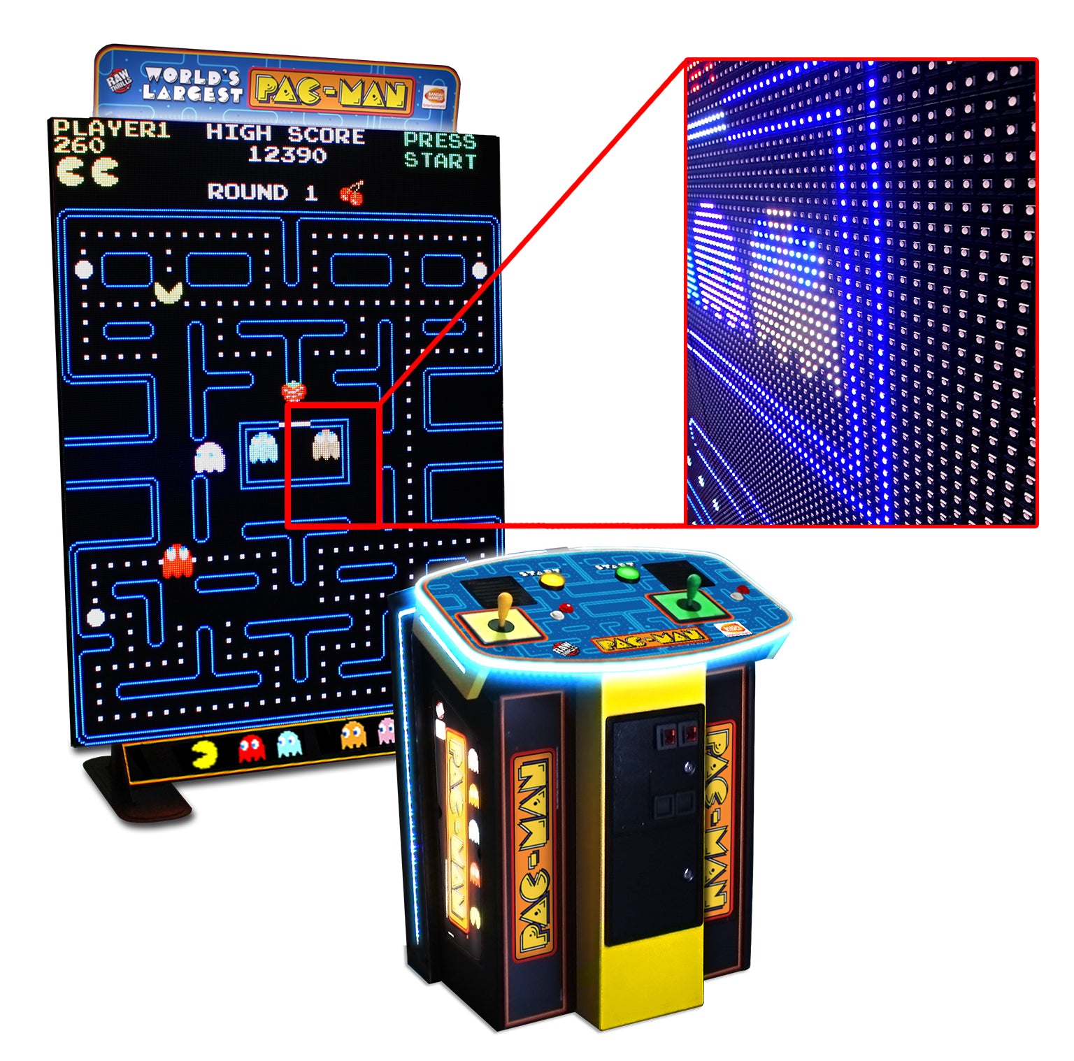 Namco World’s Largest Pac-Man Arcade Game - 108" LED Billboard Display | 1-2 Player Co-Op | Includes Galaga | Custom Advertising | Raw Thrills & Bandai Namco.
