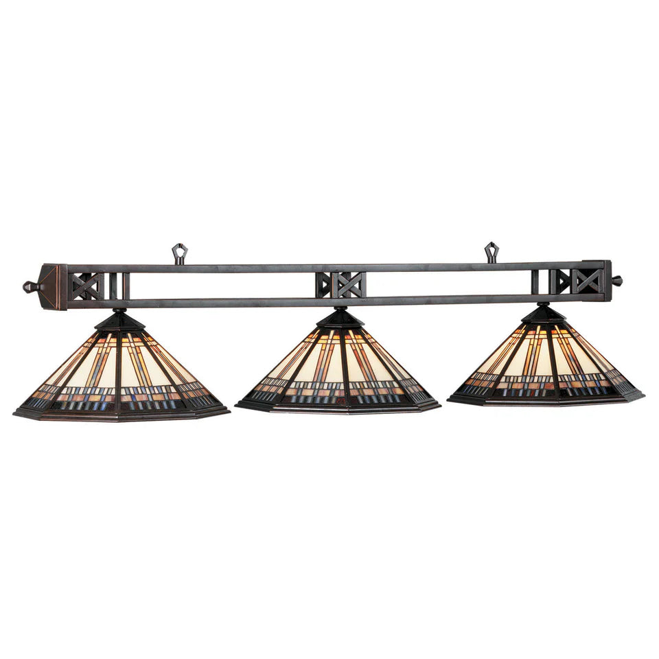 54" Three-Shade Stained Glass Billiard Light Fixture – Oil Rubbed Bronze Frame with Classic X-Bar Design