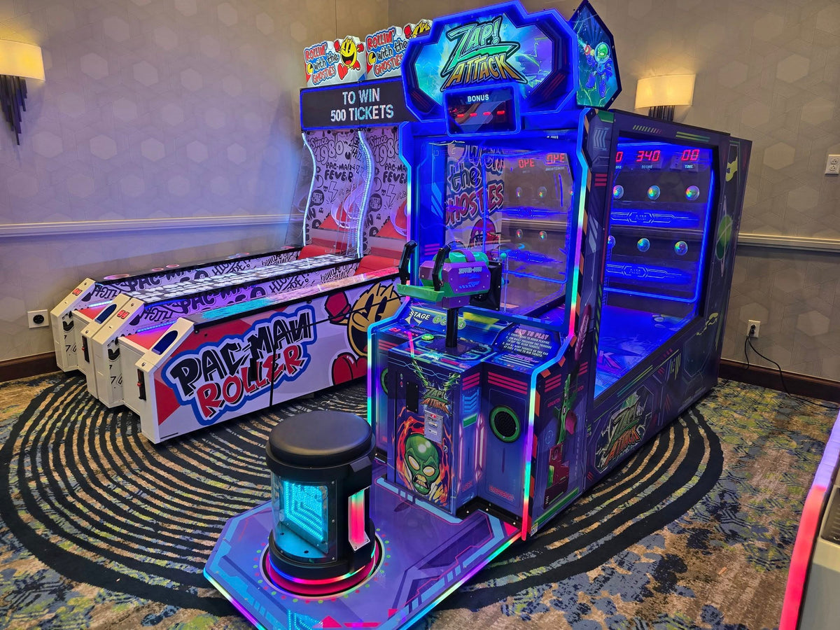 Zap Attack arcade machine featuring alien defense ball shooter gameplay with LED targets and colorful cabinet graphics