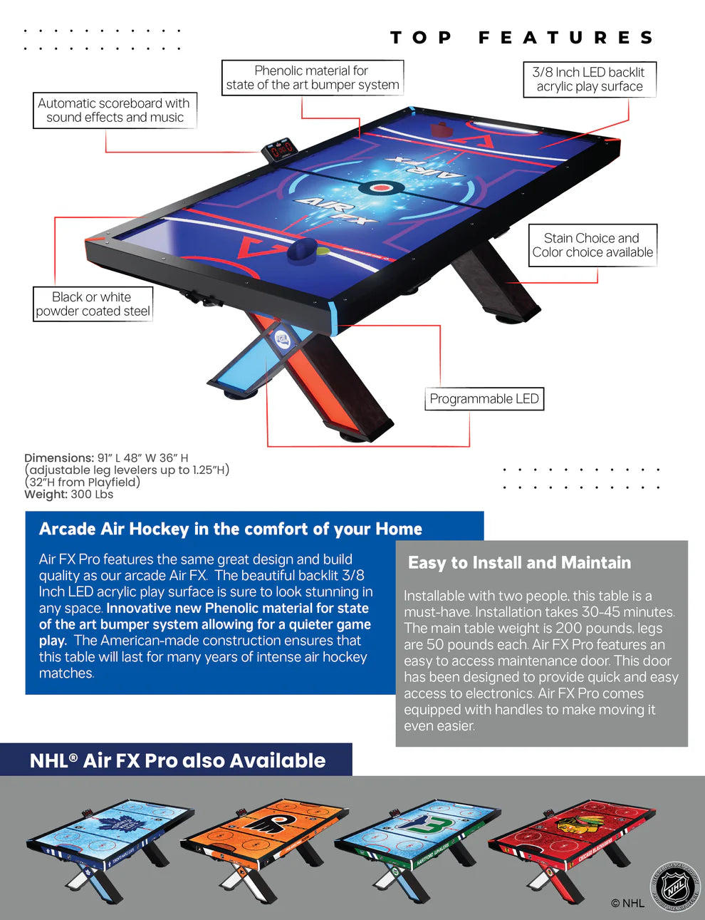 Home Air FX Pro 8&#39; Air Hockey Table – LED Backlit Playfield | Powder Coated Steel &amp; Hardwood Accents | Programmable LEDs | Arcade-Quality | Made in USA.
