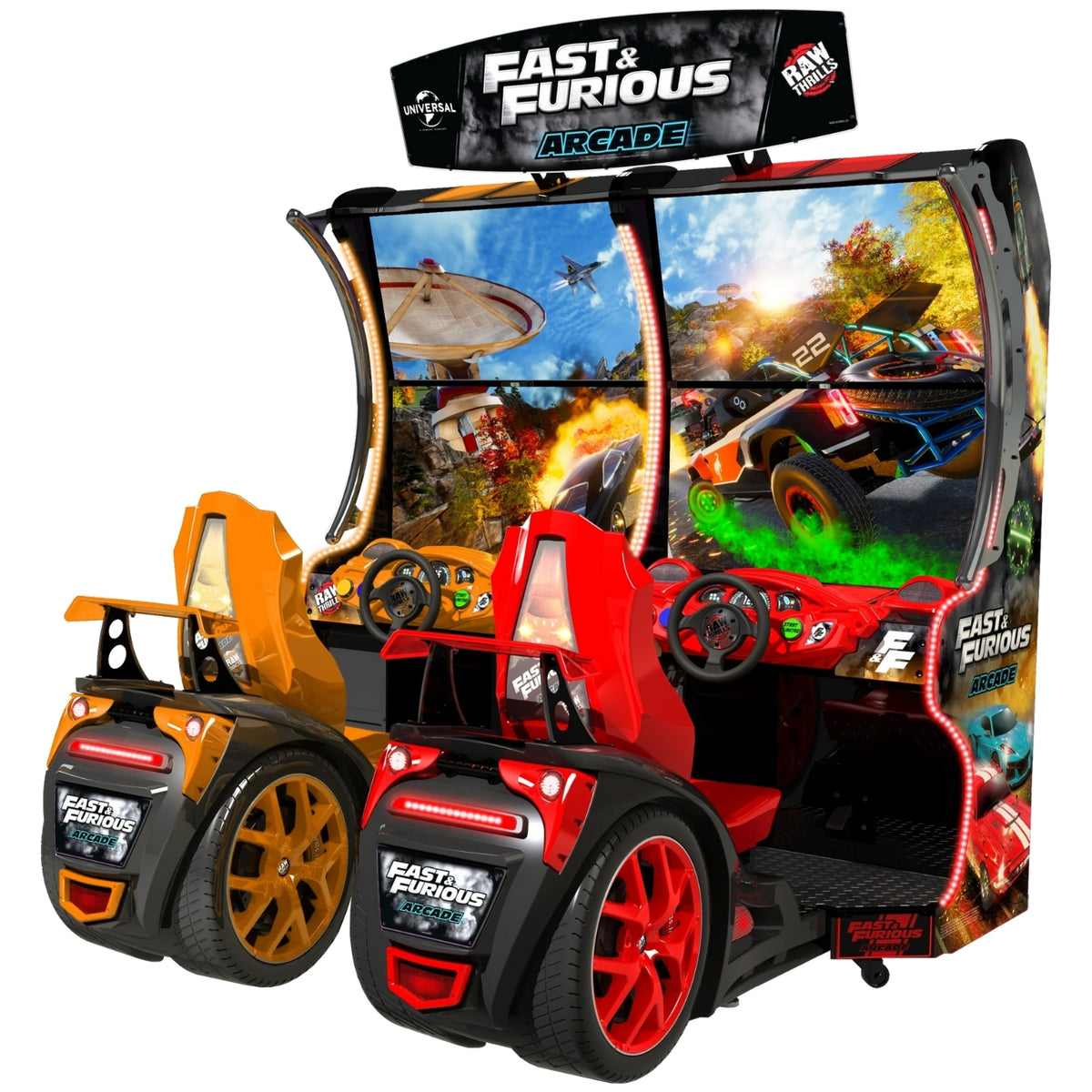 Fast & Furious arcade racing machine with 43-inch dual UHD displays, 1–8 player linked multiplayer, and LED cockpit.