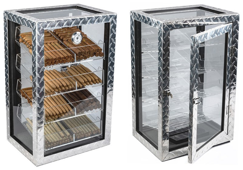 250 Cigar Count Industrial Glass Cigar Display Cabinet – Diamond Plate.