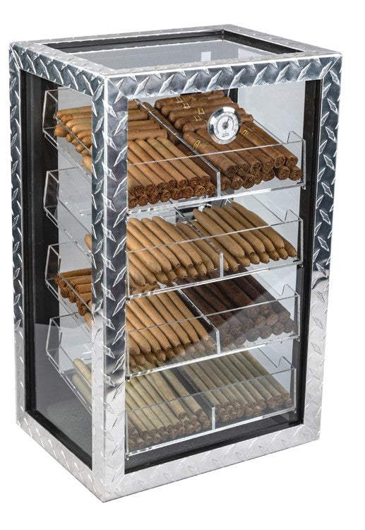 250 Cigar Count Industrial Glass Cigar Display Cabinet - Diamond Plate.