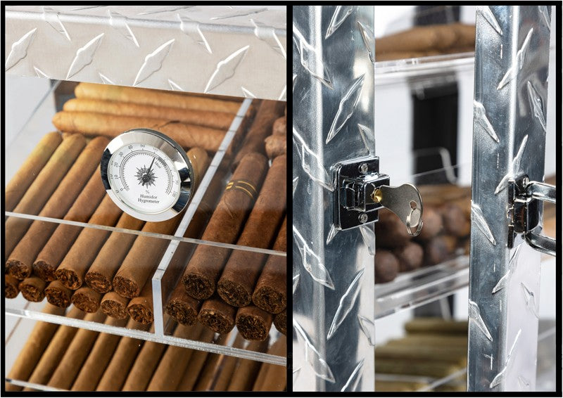 250 Cigar Count Industrial Glass Cigar Display Cabinet – Diamond Plate.