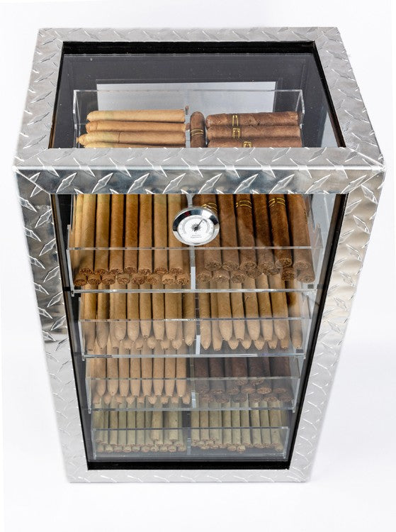 250 Cigar Count Industrial Glass Cigar Display Cabinet – Diamond Plate.