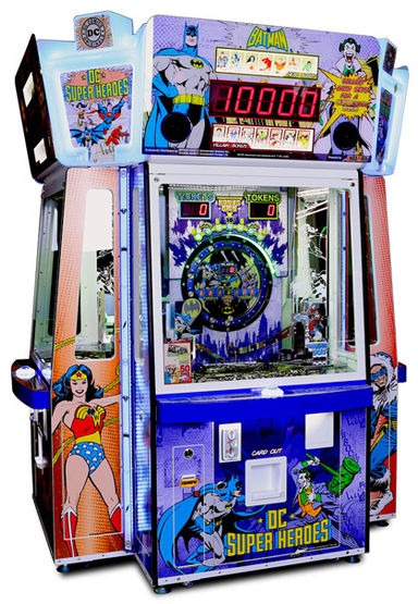 Bandai Namco DC Superheroes 4 Player Pusher Arcade Game – Token &amp; Card Redemption | Collectible Hero &amp; Villain Cards | Bonus Drop Feature | Official DC Comics.