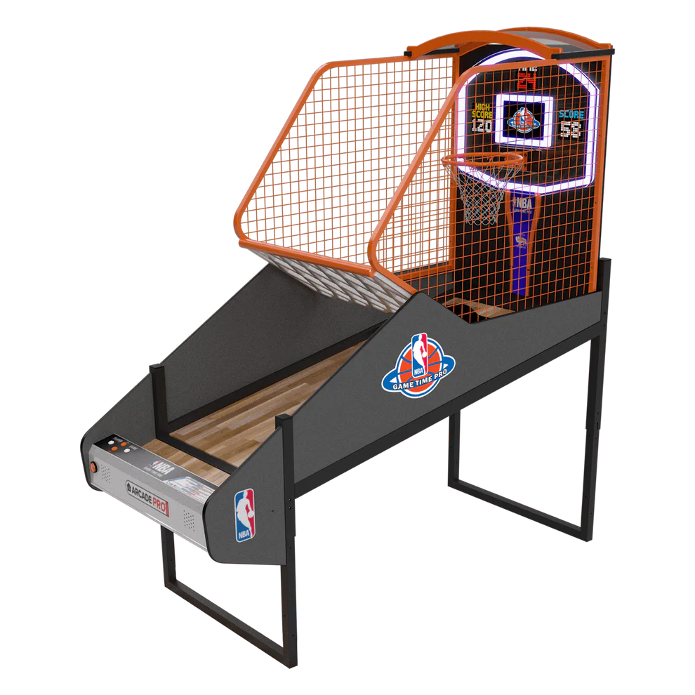 NBA Game Time Pro Basketball Arcade Machine – Choose Your NBA Team | 5 Game Modes | Real Wood Floor | 1-4 Player Home Arcade | Official NBA Licensed.