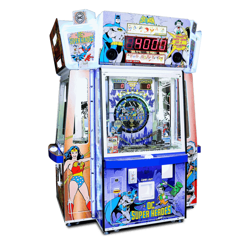 Bandai Namco DC Superheroes 4 Player Pusher Arcade Game – Token &amp; Card Redemption | Collectible Hero &amp; Villain Cards | Bonus Drop Feature | Official DC Comics